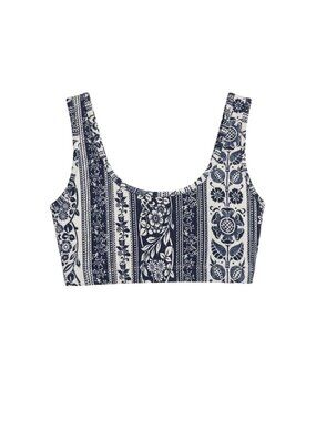 Floral Paisley Crop Top Navy Blue White Boho Festival Tank  M